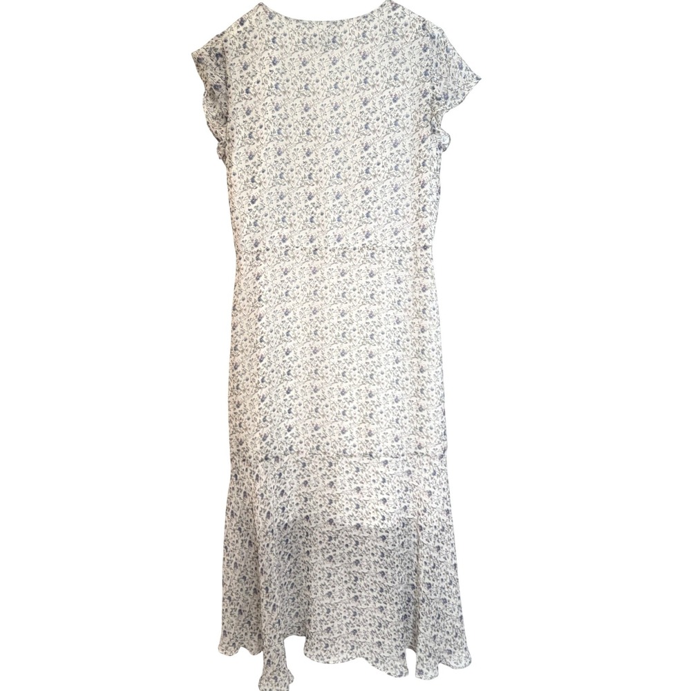Sam Edelman Floral Faux Wrap Dress Womens 8 White Blue Ruffle Midi Dress - Picture 9 of 13